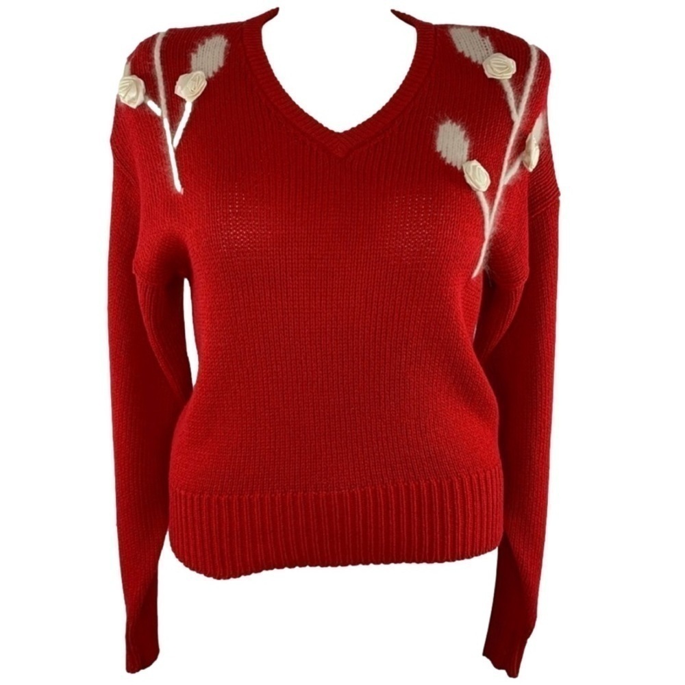 Christina Grant | Vintage Knit Angora Blend Rose Floral Accent V-Neck Sweater L - Picture 2 of 10